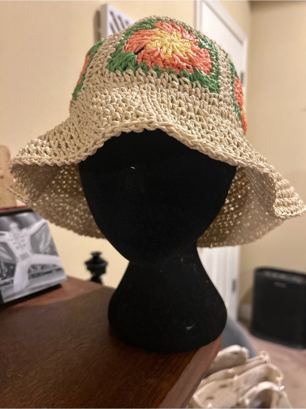 Woven Crochet Bucket Hat with Orange and Green Accents - Unbranded